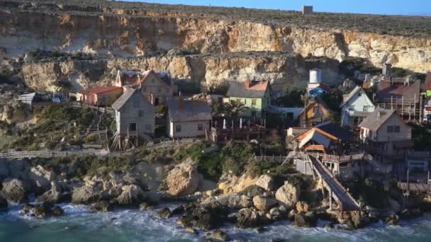 Malta Febrero 2018 Vista Aérea Del Popeye Village Anchor Bay — Vídeos de Stock