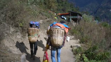 CHHOMRONG, NEPAL - 12 Aralık 2017: Annapurna ana kamp yürüyüşü Sherpa, CHhomrong, Nepal, Asya.