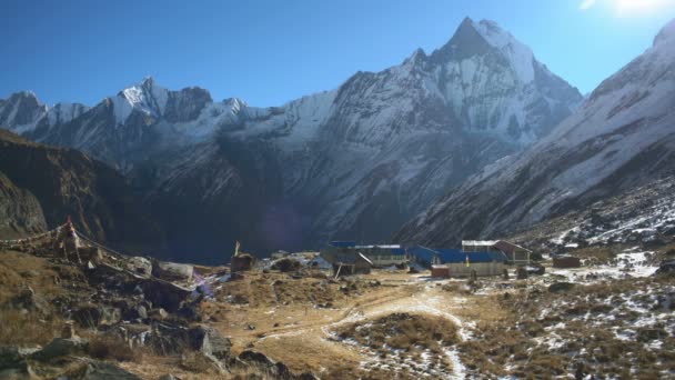 Вид Горы Мачапучаре Лагеря Аннапучара Базе Непал Округ Аннапучаре Фалайя — стоковое видео