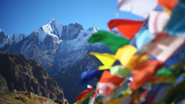 Buddhist Prayer Flags Himalaya Mountains Annapurna Base Camp Nepal Asia — Stock Video