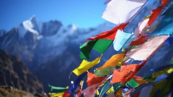 Buddhist Prayer Flags Himalaya Mountains Annapurna Base Camp Nepal Asia — Stock Video