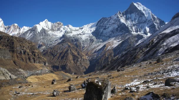 Vista Montaña Machapuchare Desde Campamento Base Annapurna Nepal Circuito Annapurna — Vídeo de stock