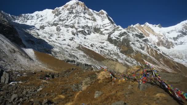 Buddhist Prayer Flags Himalaya Mountains Annapurna Base Camp Nepal Asia — Stock Video