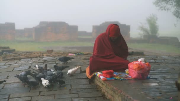 Lumbini Nepal 16E December 2017 Biddende Monnik Tempel Lumbini Nepal — Stockvideo