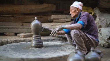 BHAKTAPUR, NEPAL - 22 Aralık 2017: Yaşlı adam Bhaktapur, Nepal, Asya 'daki Çömlekçilik Meydanı' nda çömlek yapıyor.