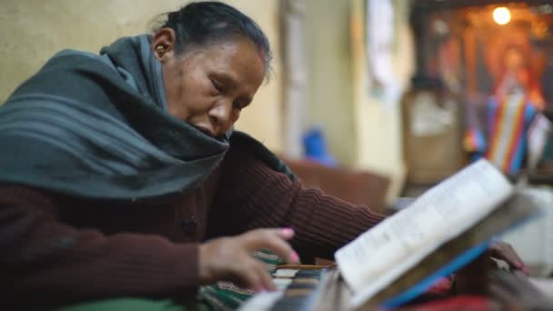 Panauti Nepal Dezembro 2017 Mulher Toca Harmônio Panauti Nepal Ásia — Vídeo de Stock