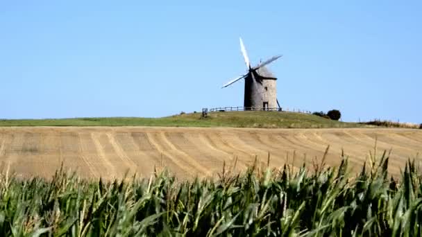 Windmill  in field of Moulin de Moidrey — Stock Video