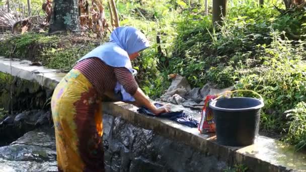 Mujer de pueblo lavando ropa — Vídeos de Stock