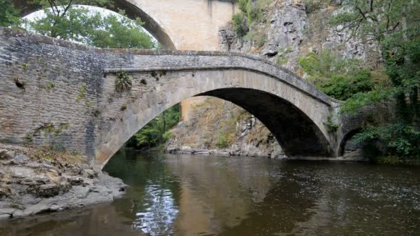 Steinbrücke über den Fluss la cure — Stockvideo