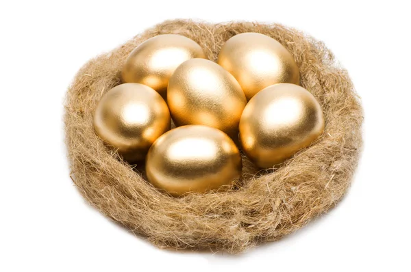 Ninho com ovos dourados sobre um fundo branco — Fotografia de Stock