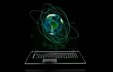 el, bilgisayar ekranında siyah bir arka plan üzerinde Nasa öğeleri sundu