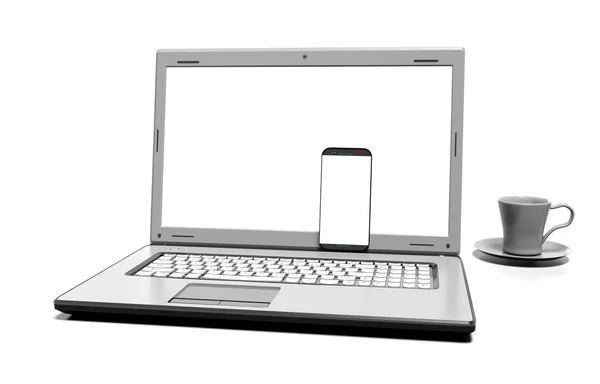 Dizüstü bilgisayar, cep telefonu - beyaz kırpma yolu ile izole — Stok fotoğraf