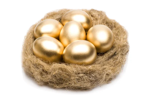 Φωλιά με χρυσά αυγά σε λευκό φόντο — Φωτογραφία Αρχείου