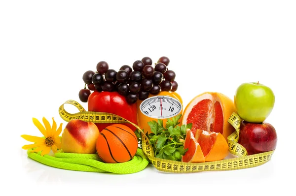 Fitnessgeräte und gesunde Ernährung — Stockfoto