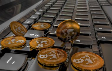 Bitcoin fiziksel para sembolü klavye, 3d çizim