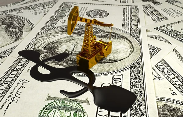 Golden Pumpjack y derramó petróleo sobre el dinero. Ilustración 3D —  Fotos de Stock