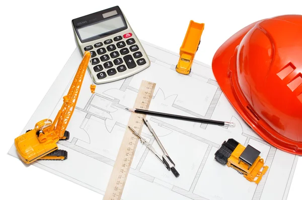 orange helmet, ruler, pencil, drawing, construction equipment