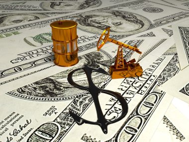 Altın etmek ve para dökülen petrol. 3D render
