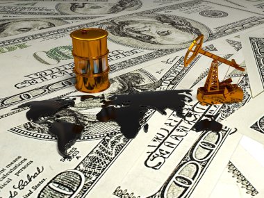 Golden Pumpjack And Spilled Oil On The Money. 3d render clipart