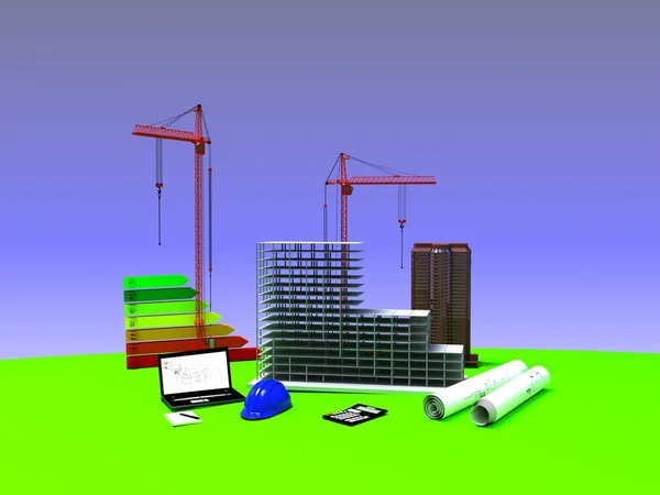 Model huis onder constructie, computer, helm, 3D-visualisatie — Stockfoto