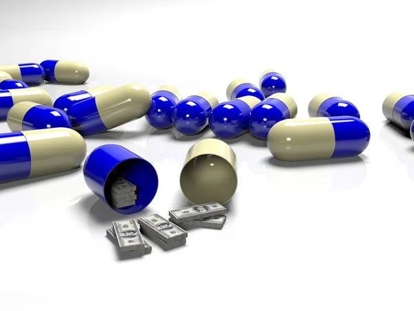 Tabletki z banknotów, jako koncepcja płatne i drogie medycyny, renderowania 3d — Zdjęcie stockowe