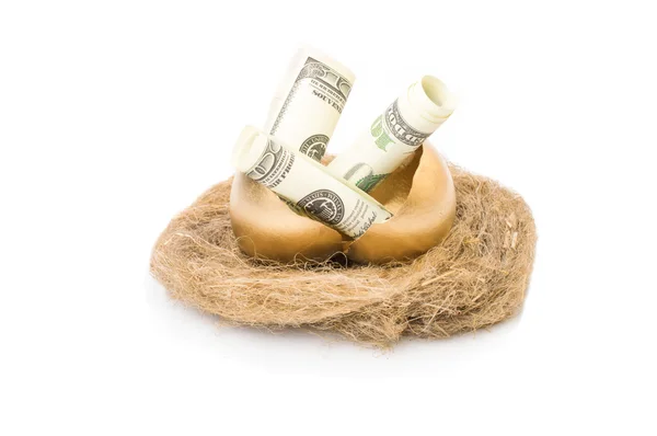 Zlatá vejce a dolary na hnízdě — Stock fotografie