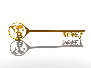 semboller ve beyaz bir arka plan, 3d çizim üzerinde Bitcoin para birimi ile altın anahtar