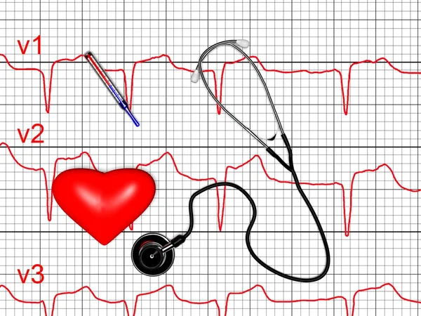Rotes Herz und Stethoskop, Kardiogramm, 3D-Render — Stockfoto