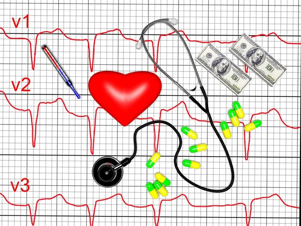 Rotes Herz und Stethoskop, Kardiogramm, 3D-Render — Stockfoto