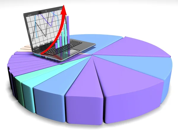 Laptop com negócios ou lucros gráfico de barras de crescimento, renderização 3d — Fotografia de Stock