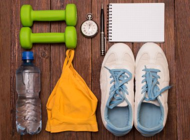 Egzersiz ve fitness diyet alanı günlüğü kopyalayın. Sağlıklı yaşam konsepti.