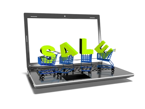 Laptop vásárlás szekerek, értékesítés, internetes kereskedelem fogalma, 3d render — Stock Fotó