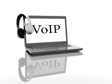 Laptop VoIP ekran ve kulaklık üzerinde bir yazıt ile bir beyaz arka plan 3d render