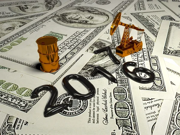 Golden Pumpjack y derramó petróleo sobre el dinero. 3d renderizar —  Fotos de Stock