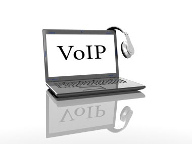 Laptop VoIP ekran ve kulaklık üzerinde bir yazıt ile bir beyaz arka plan 3d render