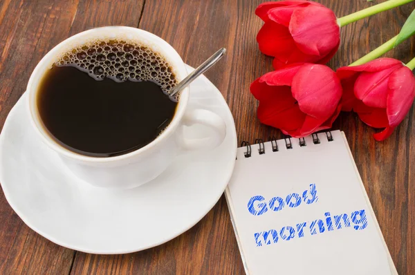 Cup of coffee, tulips and Good morning massage — Stock Photo, Image