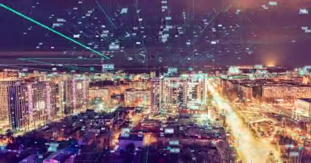 Concepto de ciudad inteligente y red de comunicación. 5G. IoT Internet de las Cosas. Telecomunicación. lapso de tiempo de la ciudad de la tarde, hermoso paisaje urbano — Vídeo de stock