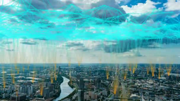 Aerial time-lapse cityscape in the summer daytime with futuristic elements of telecommunications, smart city concept, Moscow in summer aerial view — Stock Video