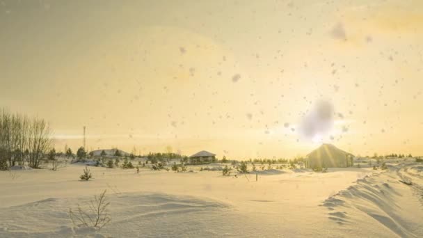 Vinterfuturistisk solnedgång, hyperlapse, snöfall. — Stockvideo