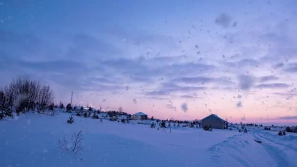 Paisagem de inverno incrível com o pôr-do-sol nebuloso romântico. Queda de neve suave na floresta nevada de inverno. Tempo de pôr-do-sol de inverno — Vídeo de Stock