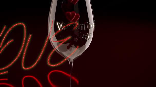 Sydämet putoavat lasiin kirjoituksella Ystävänpäivä, kaunis 3d-animaatio — kuvapankkivideo