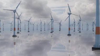 Rüzgar türbinlerinin deniz 3D animasyonu, bulutların zaman atlaması, soyut manzara