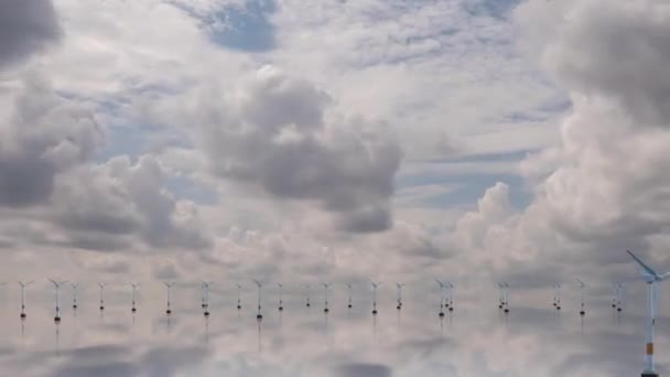 Animacja 3D morskich turbin wiatrowych, upływ czasu w chmurach, abstrakcyjny krajobraz — Wideo stockowe