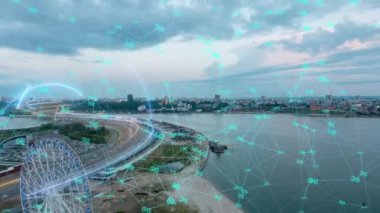 Akıllı Şehir İnsansız Hava Aracı Görüntüleri Hologram Bilgi Armaları Ağ İletişim Fütüristik Ağ ve Teknoloji 5G İHA 4k sırasında oluşuyor. Video döngüsü, zaman aşımı