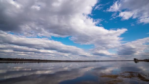 Río natural Paisaje 4K HD Reflexión de alta definición Velocidad en el nivel del agua de las nubes. Reflejo de fondo de nubes sobre el agua ondulante. Escenic Relaxing Scenery en Clear Summer Day. Bucle — Vídeos de Stock