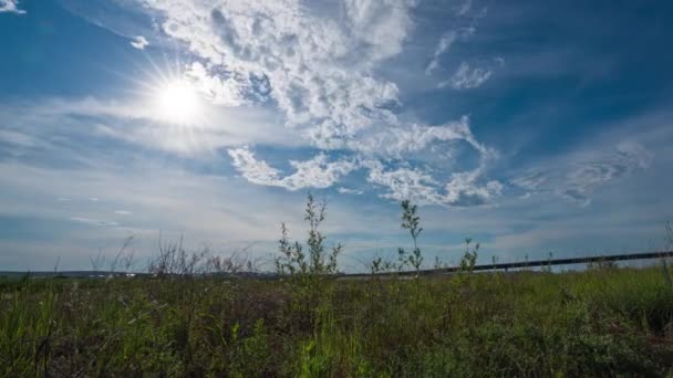 Časová prodleva pohybu bílých mraků přes loutkovou oblohu. Večer při západu slunce. Pohyb kamery v trávě nad řekou. 4K Hyperlapse — Stock video