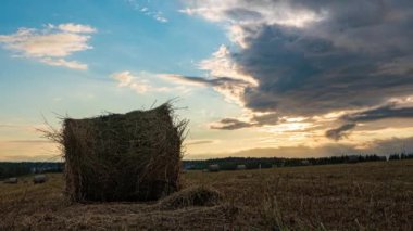 4K UHD düz tepe çayırlık zaman dilimi yaz günbatımında. Vahşi doğa ve çim tarlasında kırsal samanlıklar. Güneş ışınları ve yeşil ağaçlar. Motorlu doli kaydırıcı