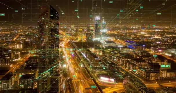 Smart City Aerial Drone Video Hologram Informacje Arches Formowanie podczas komunikacji sieciowej Futurystyczna sieć i technologia 5G Drone Low Light 4k. Pętla wideo, upływ czasu, widok z lotu ptaka w Dubaju — Wideo stockowe
