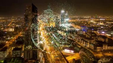 Akıllı Şehir İnsansız Hava Aracı Görüntüleri Hologram Bilgi Armaları Ağ İletişim Fütüristik Ağ ve Teknoloji 5G İHA 4k sırasında oluşuyor. Video döngüsü, zaman aşımı, Dubai BAE hava görüntüsü