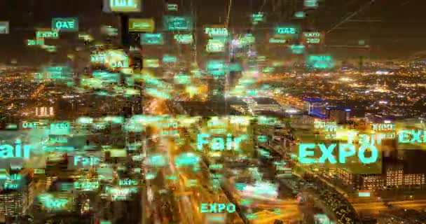 4K Timelapse - 두 바이의 일몰 시의 스카이라인 과 도시 경관. UAE 는 도시의 디지털 화를 상징하는 입자들 과 결합하여 EXPO 2020 전시회의 개념 — 비디오